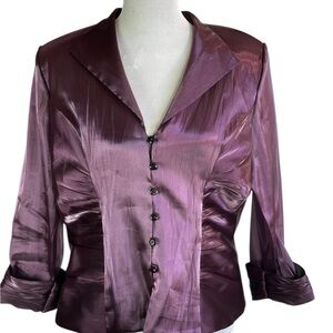 XSCAPE by Joanna Chen Plum Satin Button-Up Blazer Top, Y2K, Elegant Sz 16